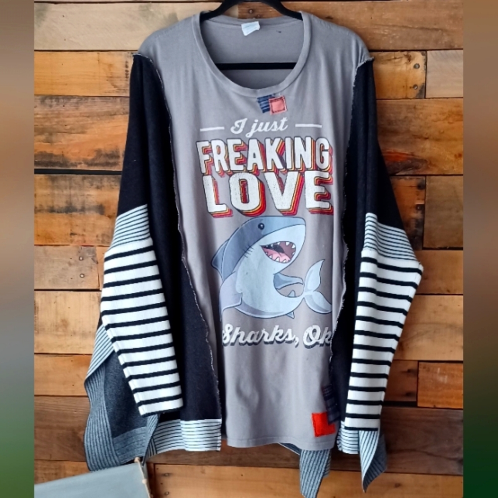 Upcycled Gray Shark Graphic Long Sleeve Top - Picture 3 of 12